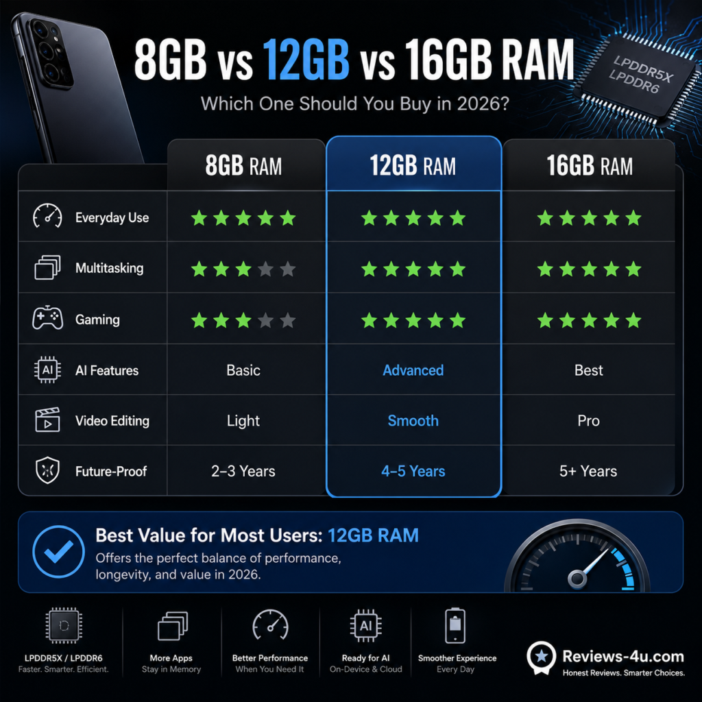 8GB vs 12GB vs 16GB RAM comparison chart for smartphones 2026