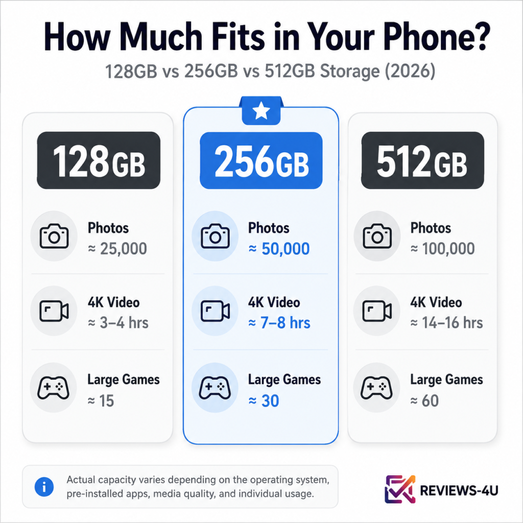 How much fits in 128GB vs 256GB vs 512GB phone storage — comparison of photos, hours of 4K video, and large mobile games to help buyers choose the right smartphone storage in 2026.