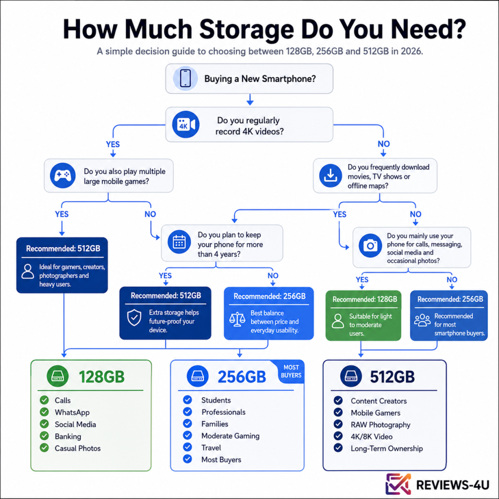 Smartphone storage decision flowchart helping buyers choose between 128GB, 256GB and 512GB based on video recording, offline downloads and expected ownership period.
