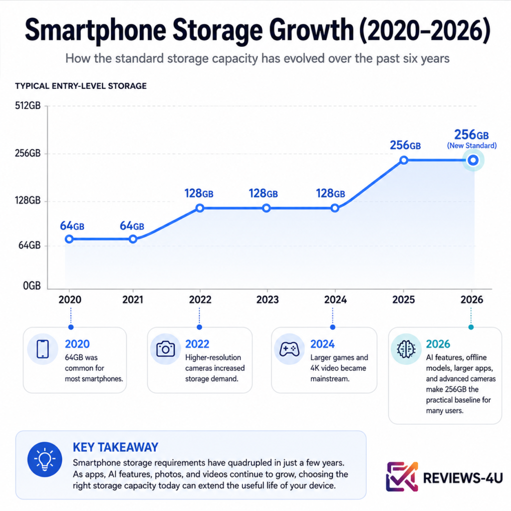 Smartphone storage growth trend from 2020 to 2026 showing the shift from 64GB to 256GB as the new practical baseline due to larger apps, AI features, and higher-resolution media.
