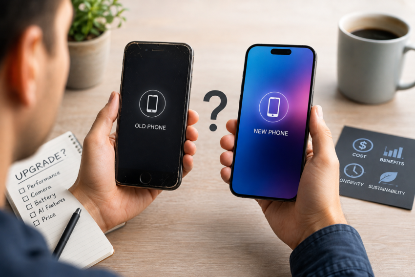 Person comparing an old and new smartphone side by side before deciding whether to upgrade