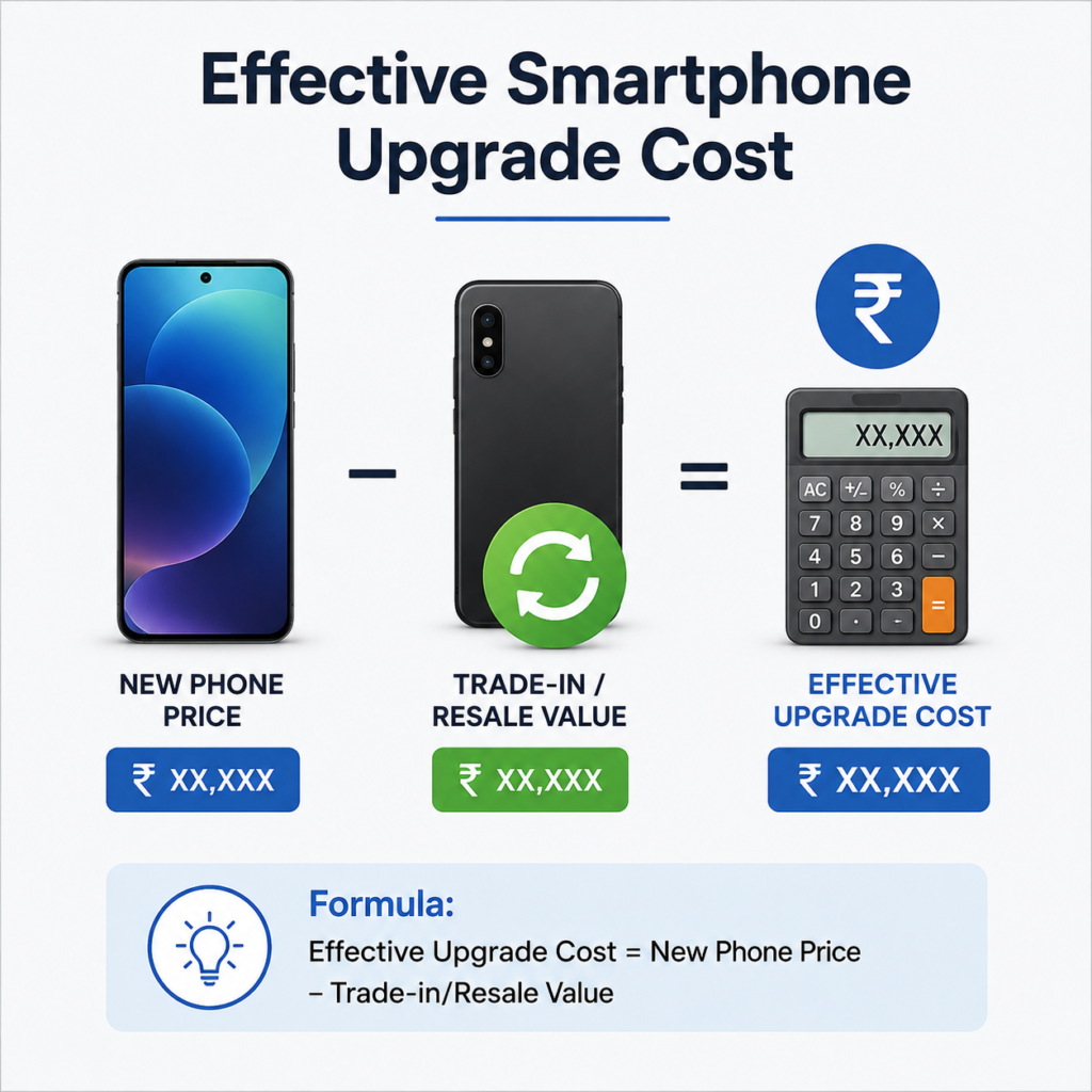 Formula showing how to calculate the effective smartphone upgrade cost after trade-in value