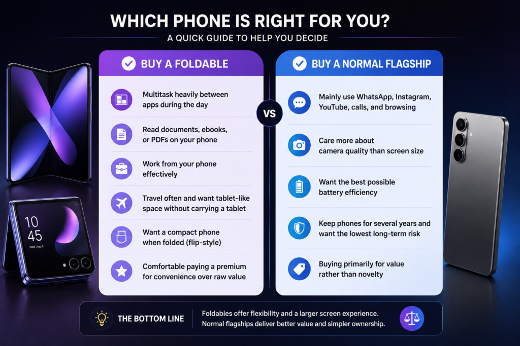 Checklist comparing who should buy a foldable phone versus a normal flagship smartphone
