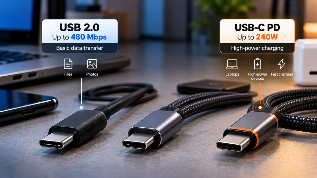 USB C Cable Comparison on a Modern Desk